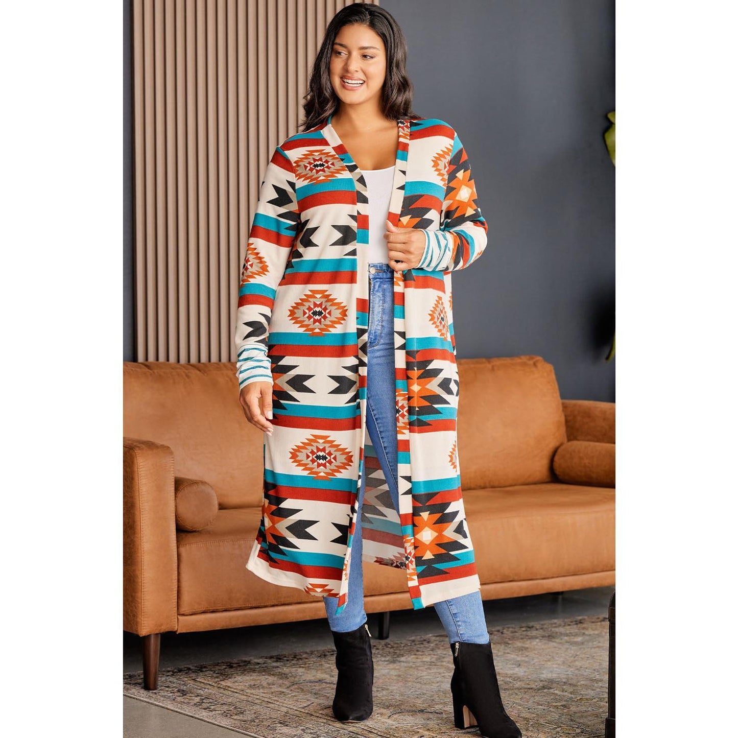 Plus Size Geometric Open Front Longline Cardigan