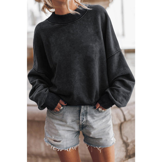 Black Drop Shoulder Crew Neck Pullover Sweatshirt
