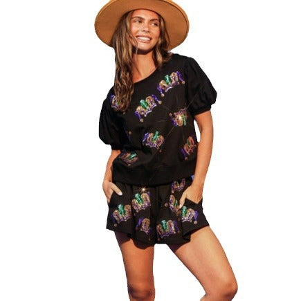 Female Fashionable Sequins Blouse And Shorts
