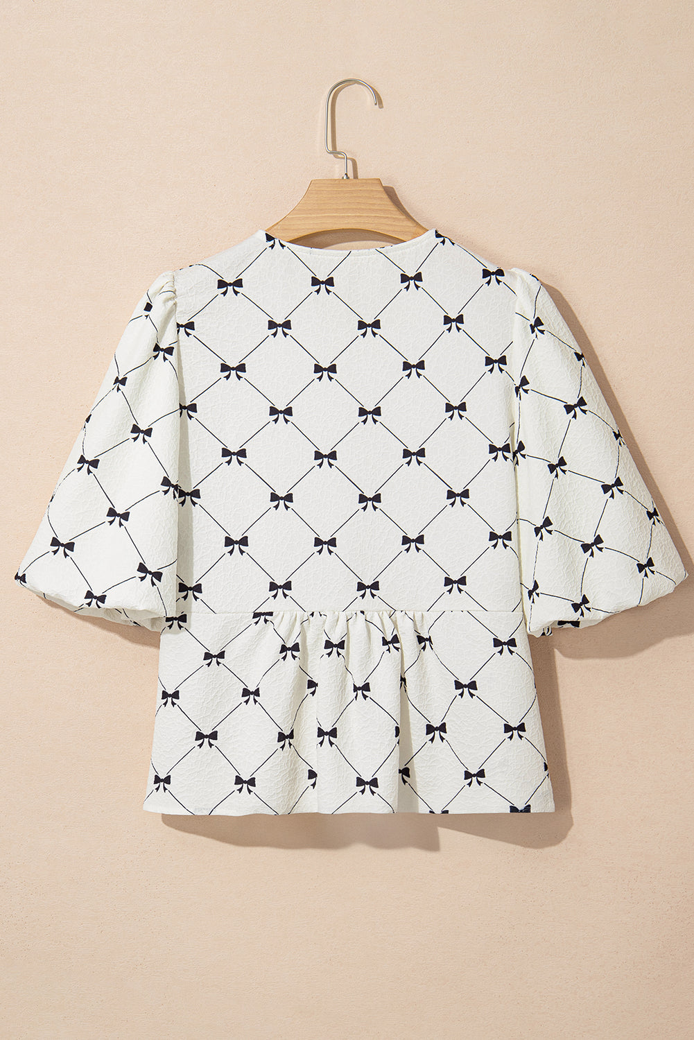 White Checkered Bow Print Knot Front Puff Sleeve Blouse