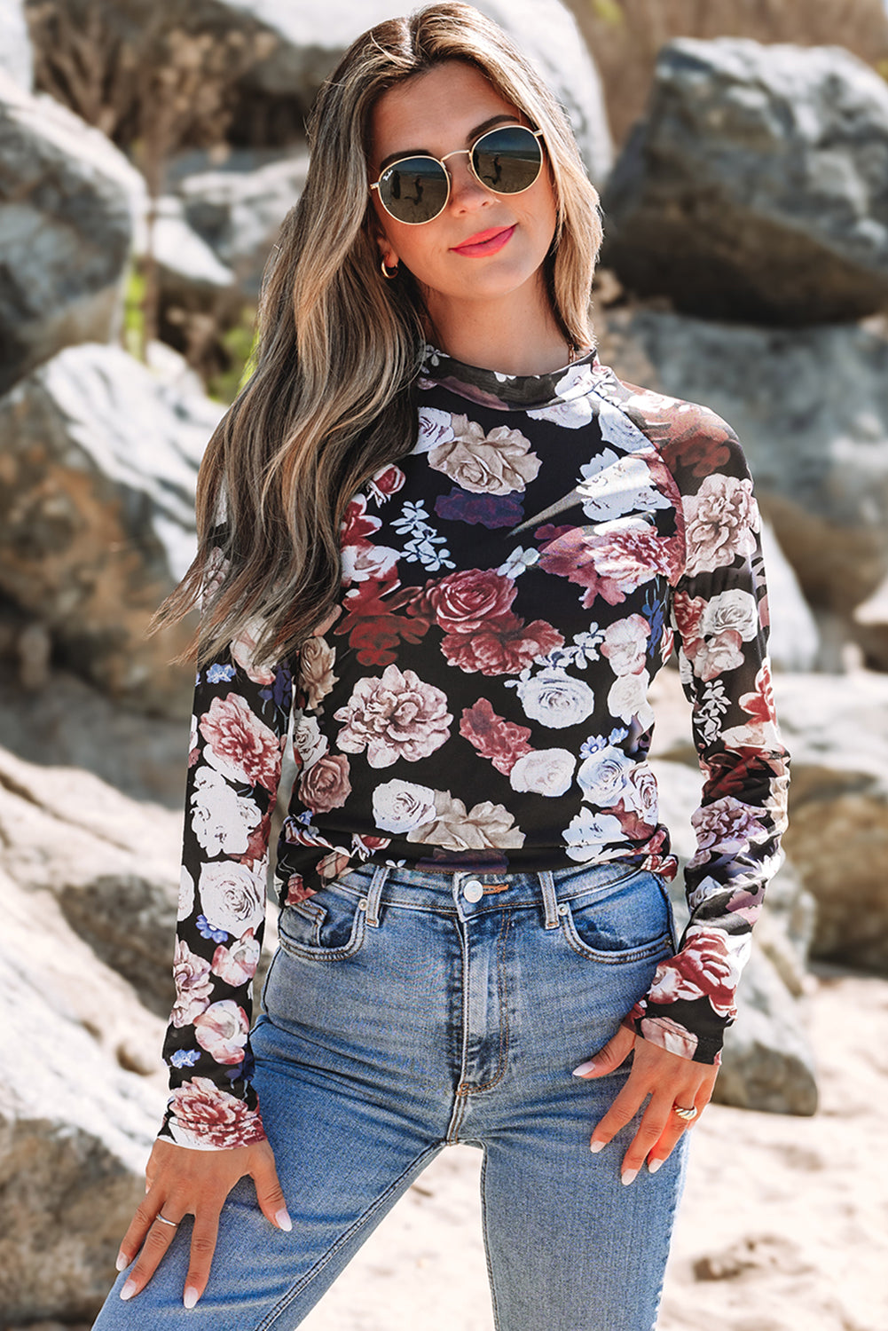 Pink Mesh Floral Print Mock Neck Long Sleeve Slim Top