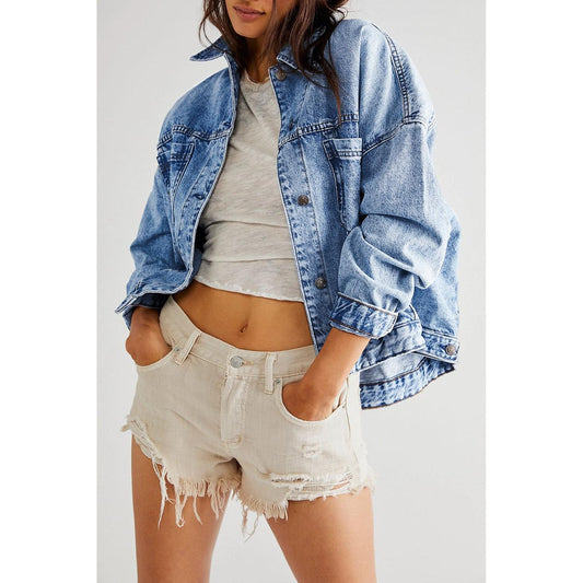 Blue Stripe Washed Oversized Pocketed Denim Jacket
