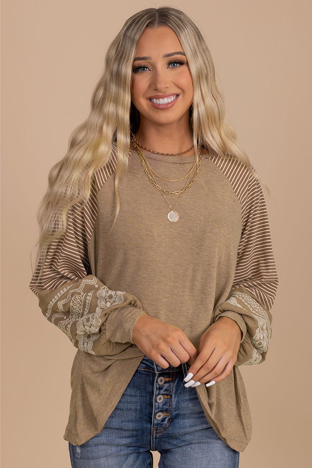 Tillandsia Purple Contrast Print Striped Raglan Long Sleeve Loose Top