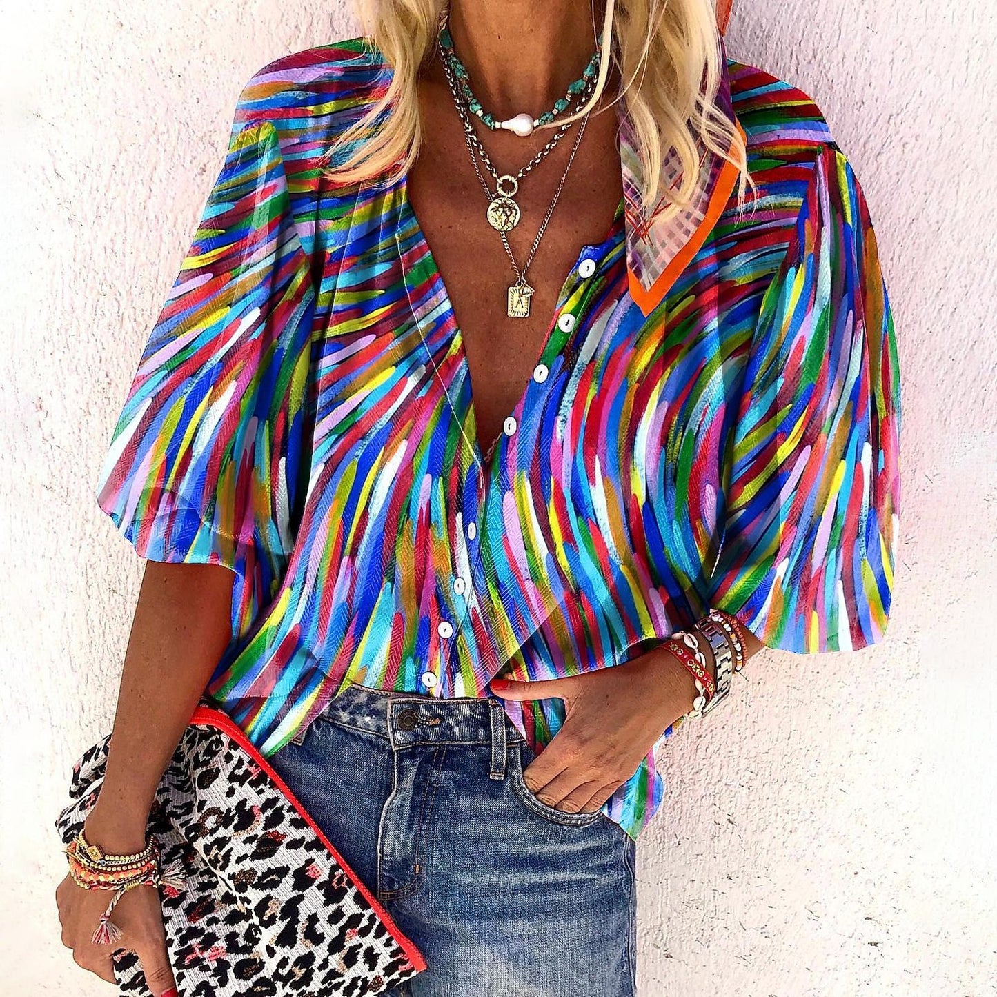Popular Fashion Summer Women's Stand Up Collar Loose Button Retro Printed Casual Shirt