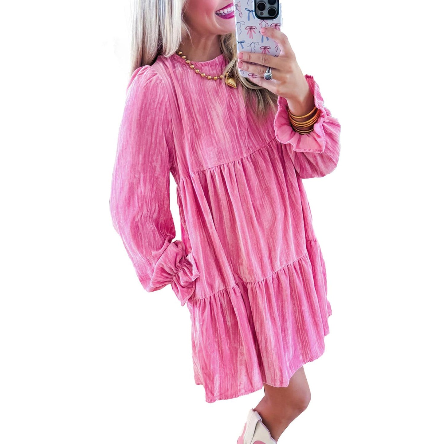 Strawberry Pink Flounce Sleeve Tiered Ruffled Velvet Mini Dress