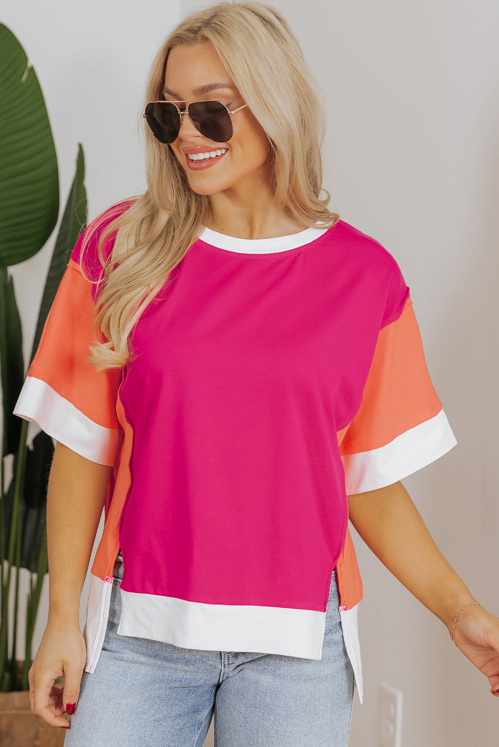 Rose Red Color Block Patchwork Side Slits Loose Fit T Shirt