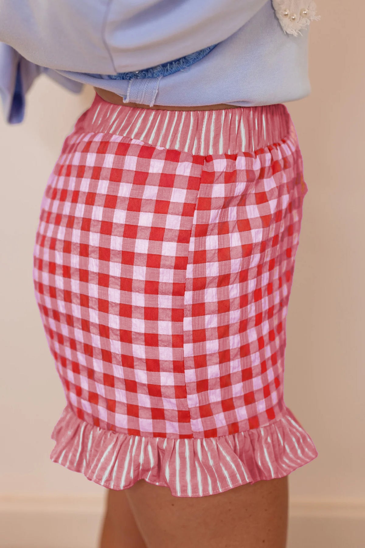 Sky Blue Gingham Print Ruffle Striped Detail Lace Tie Shorts