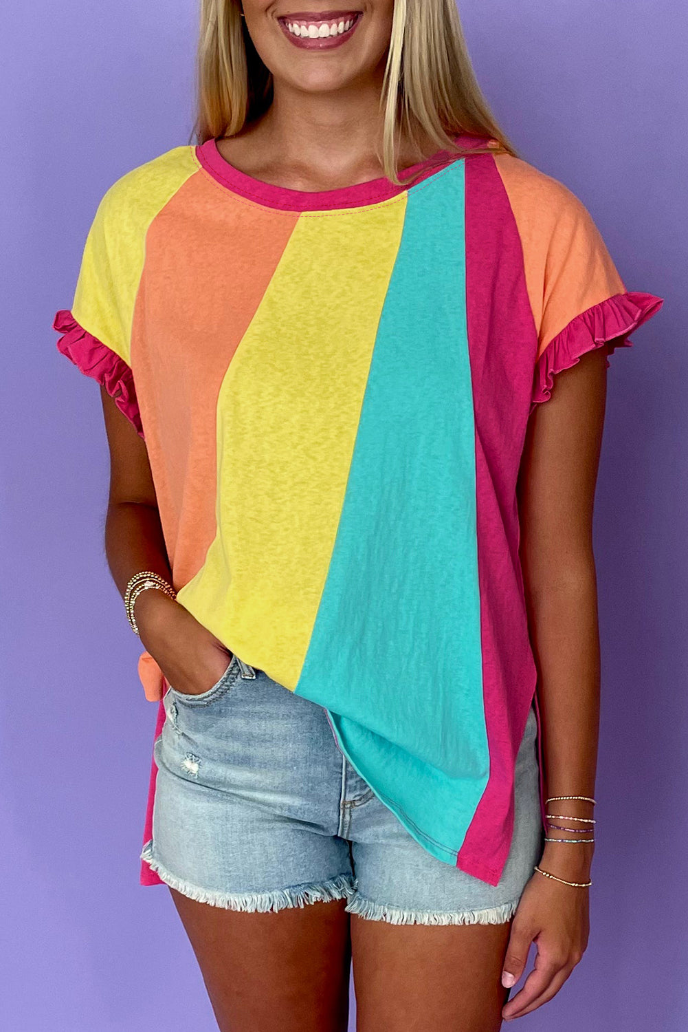 Rose Red Color Block Ruffled Crew Neck Loose Fit T Shirt