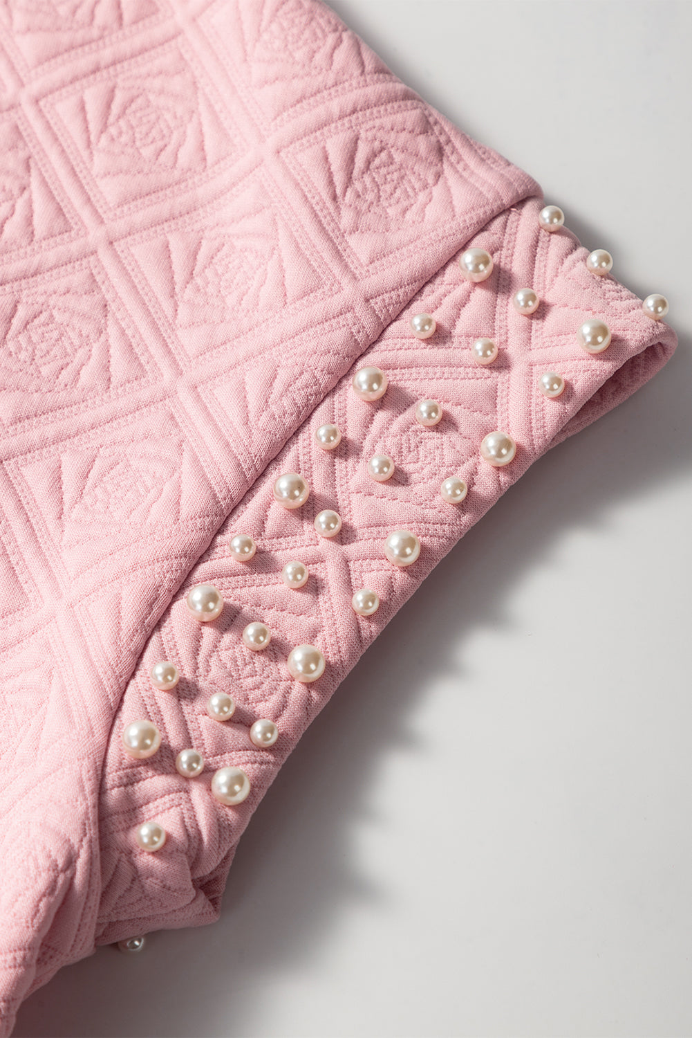 Light Pink Pearl Embellished Flower Textured T Shirt