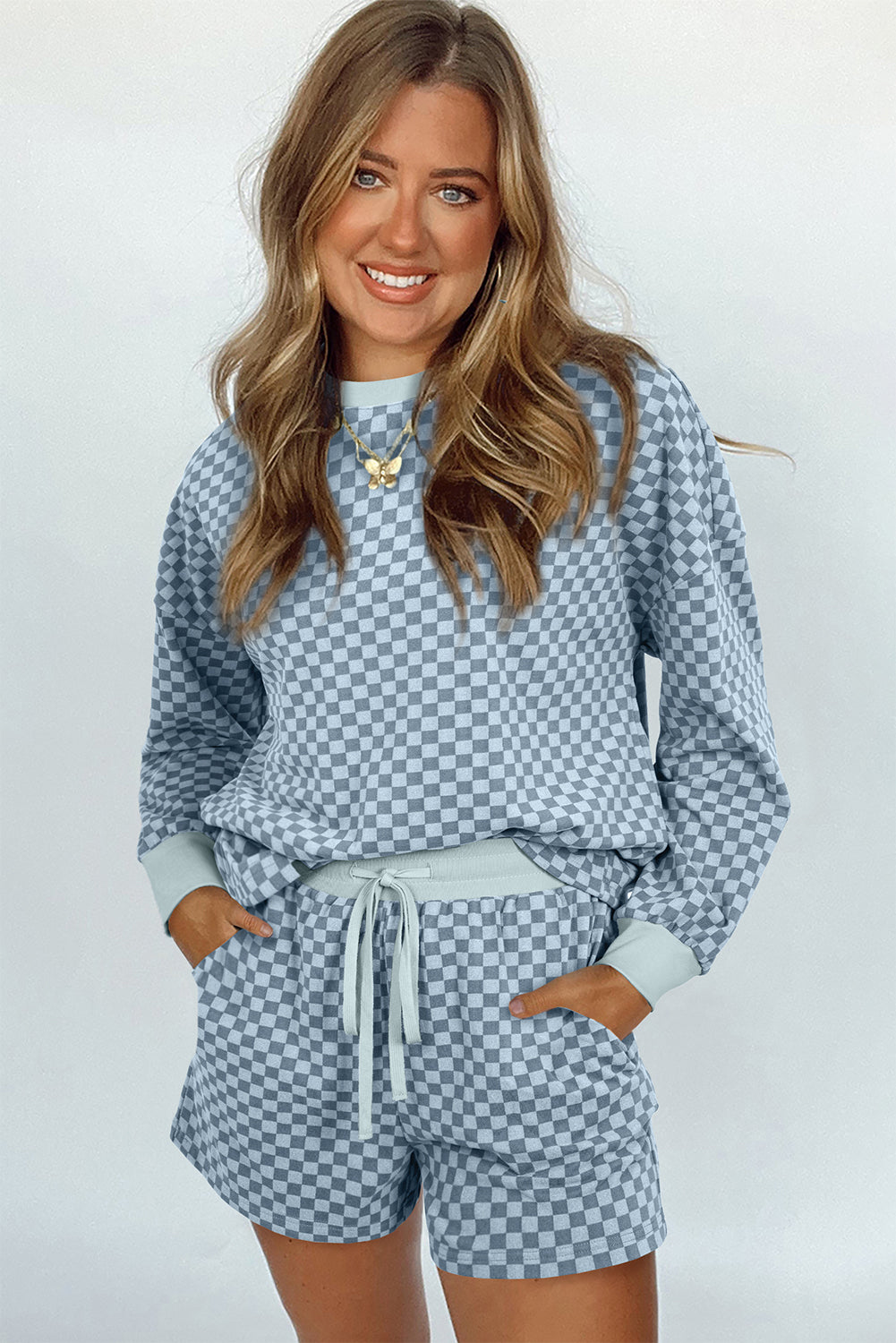 Brown Checkerboard Contrast Trim Long Sleeve Pullover and Shorts Set