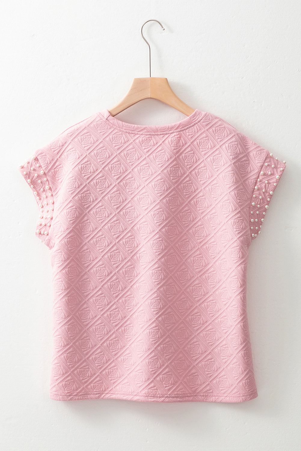 Light Pink Pearl Embellished Flower Textured T Shirt