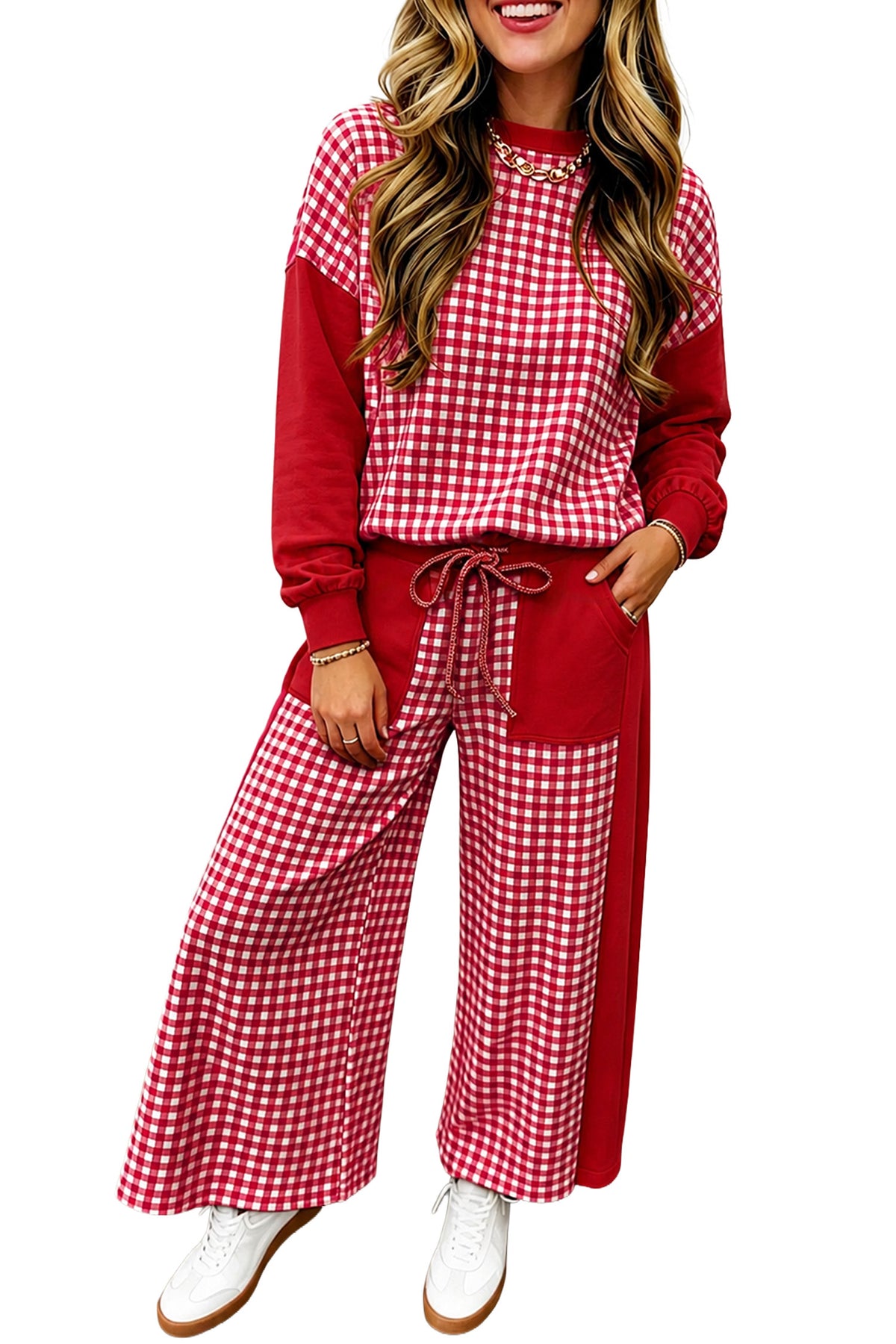 Green Color Block Plaid Patchwork Long Sleeve Pullover Wide Leg Pant Set