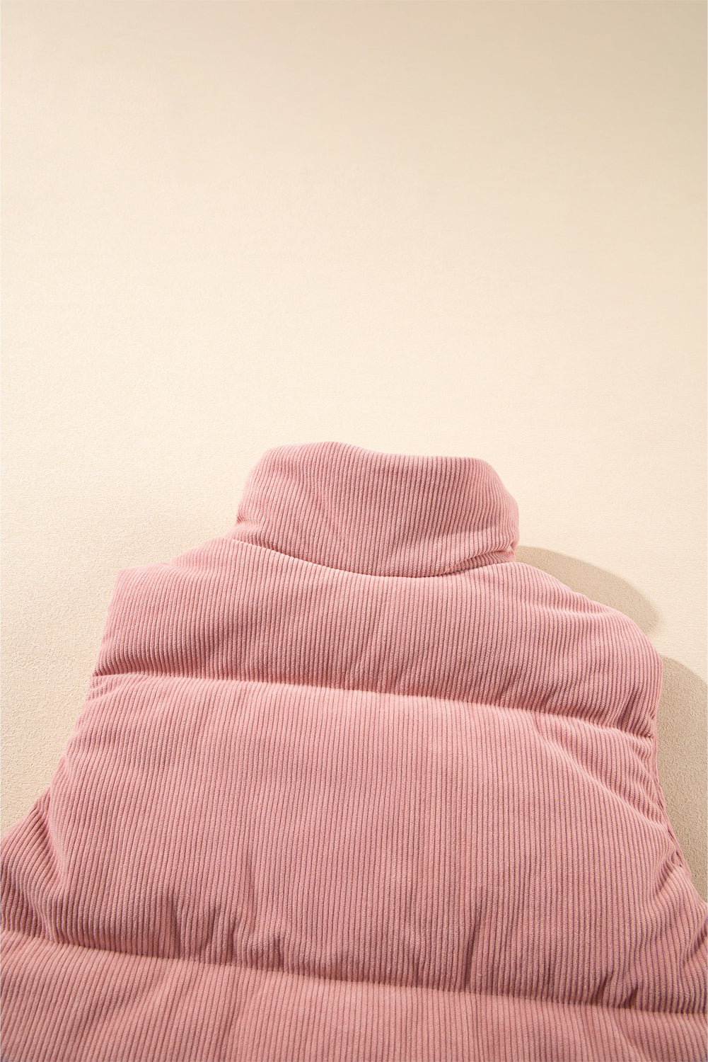 Apricot Pink Corduroy Stand Neck Zipped Puffer Vest