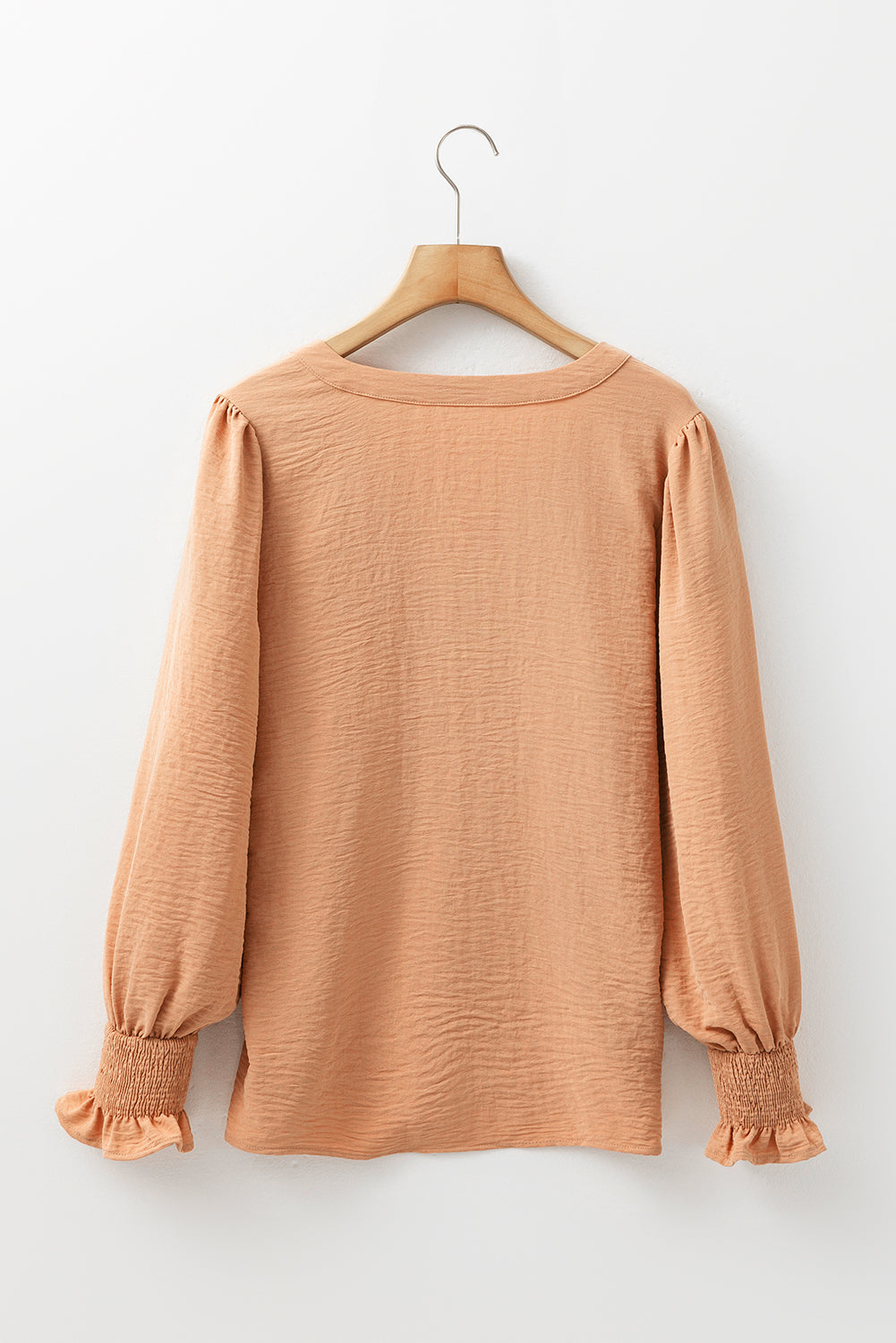 Straw Yellow Solid Shirred Cuff Notch V Neck Blouse