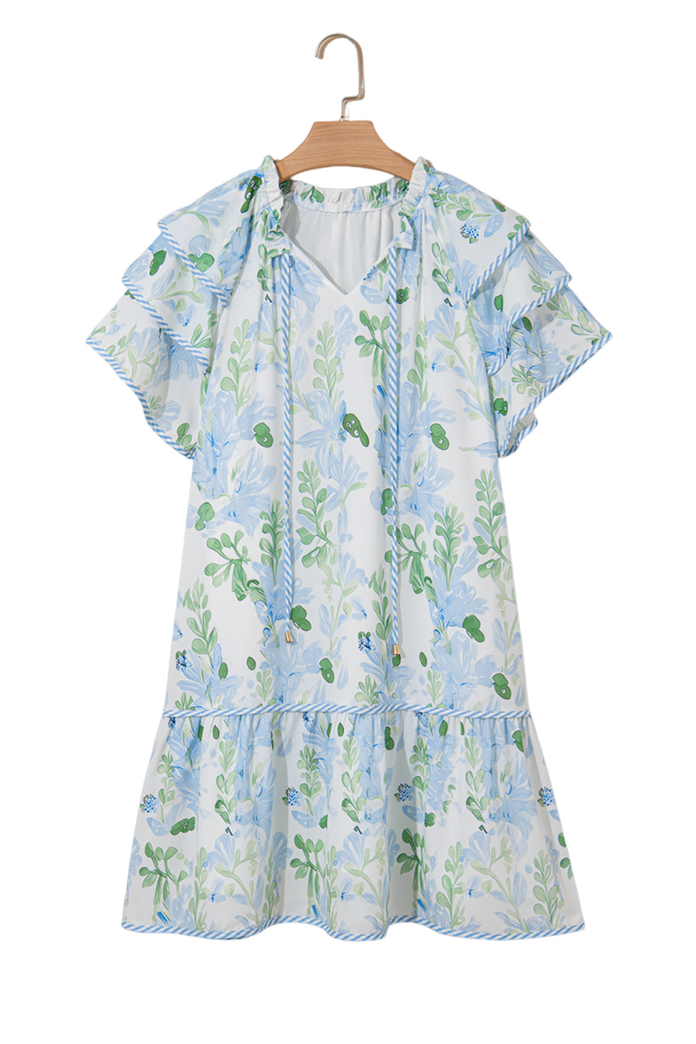 Sky Blue Floral Contrast Edge Layered Short Sleeve Mini Dress