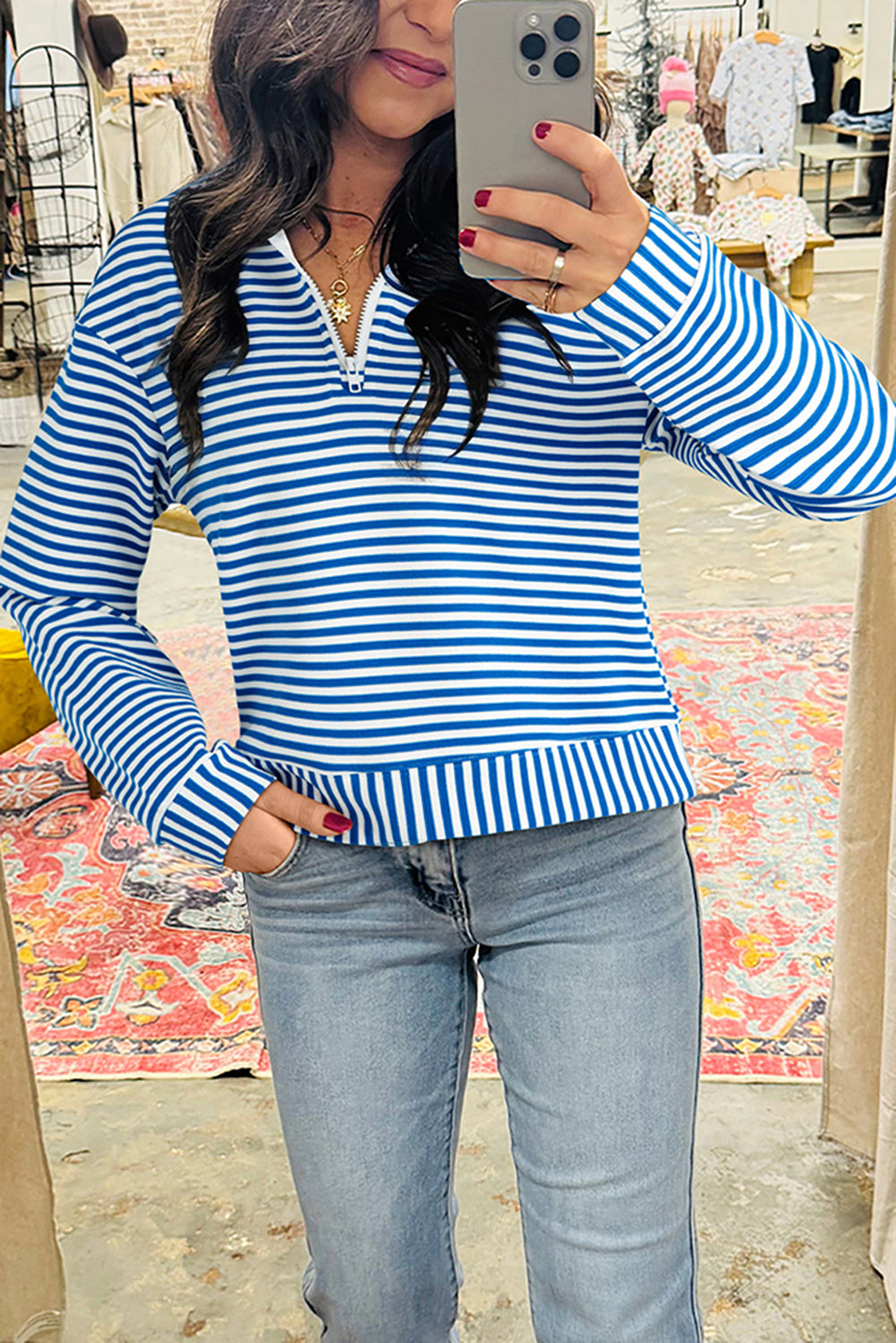Blue Stripe Quarter Zip Collar Pullover Long Sleeve Top
