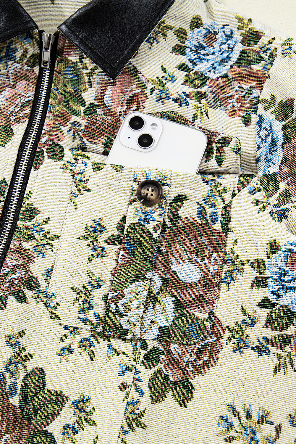 Khaki Floral Print Zip Up Contrast Collared Jacket