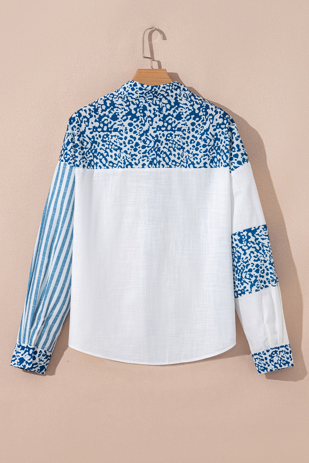 Sky Blue Leopard Striped Patchwork Casual Plus Shirt