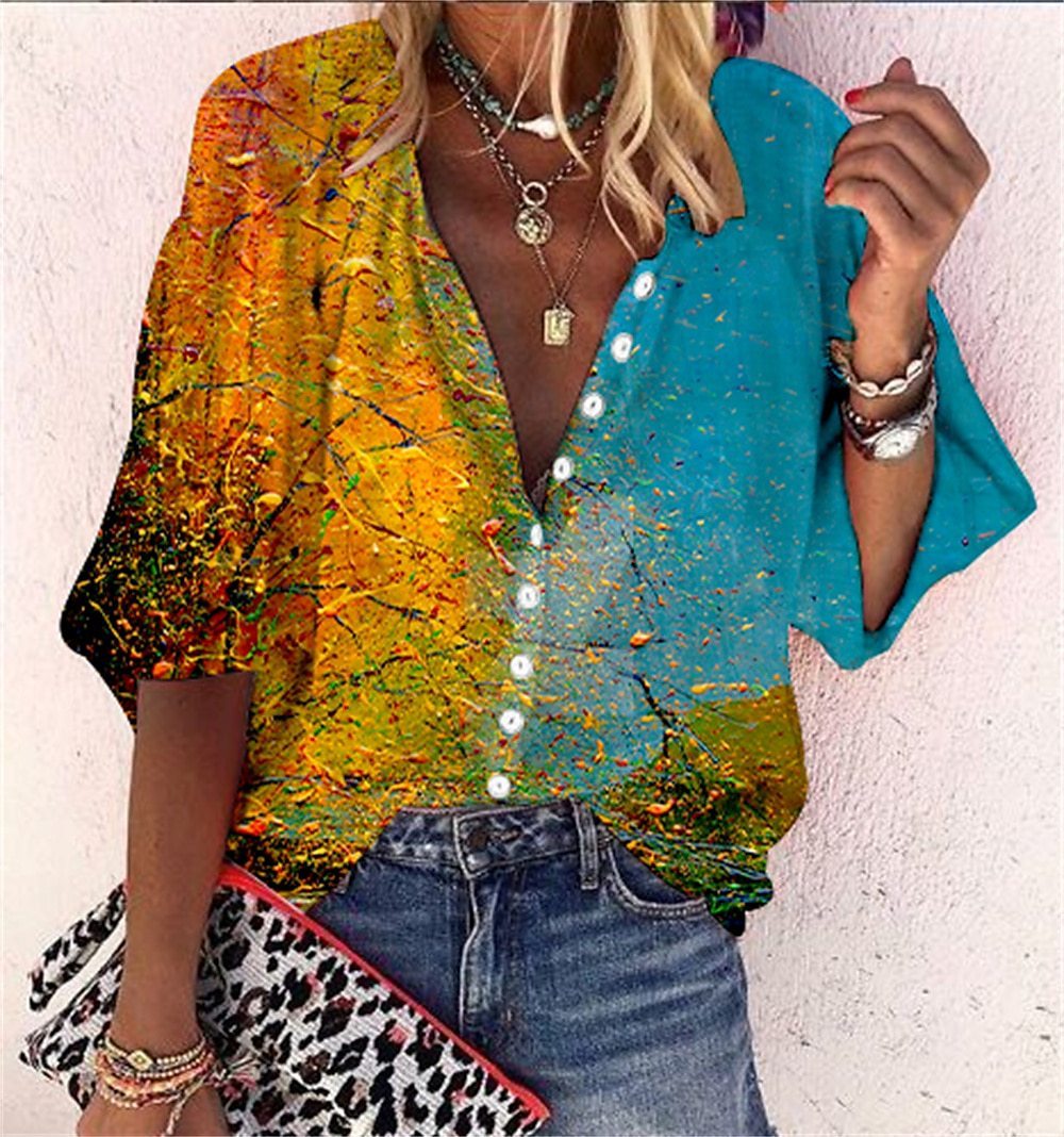 Popular Fashion Summer Women's Stand Up Collar Loose Button Retro Printed Casual Shirt