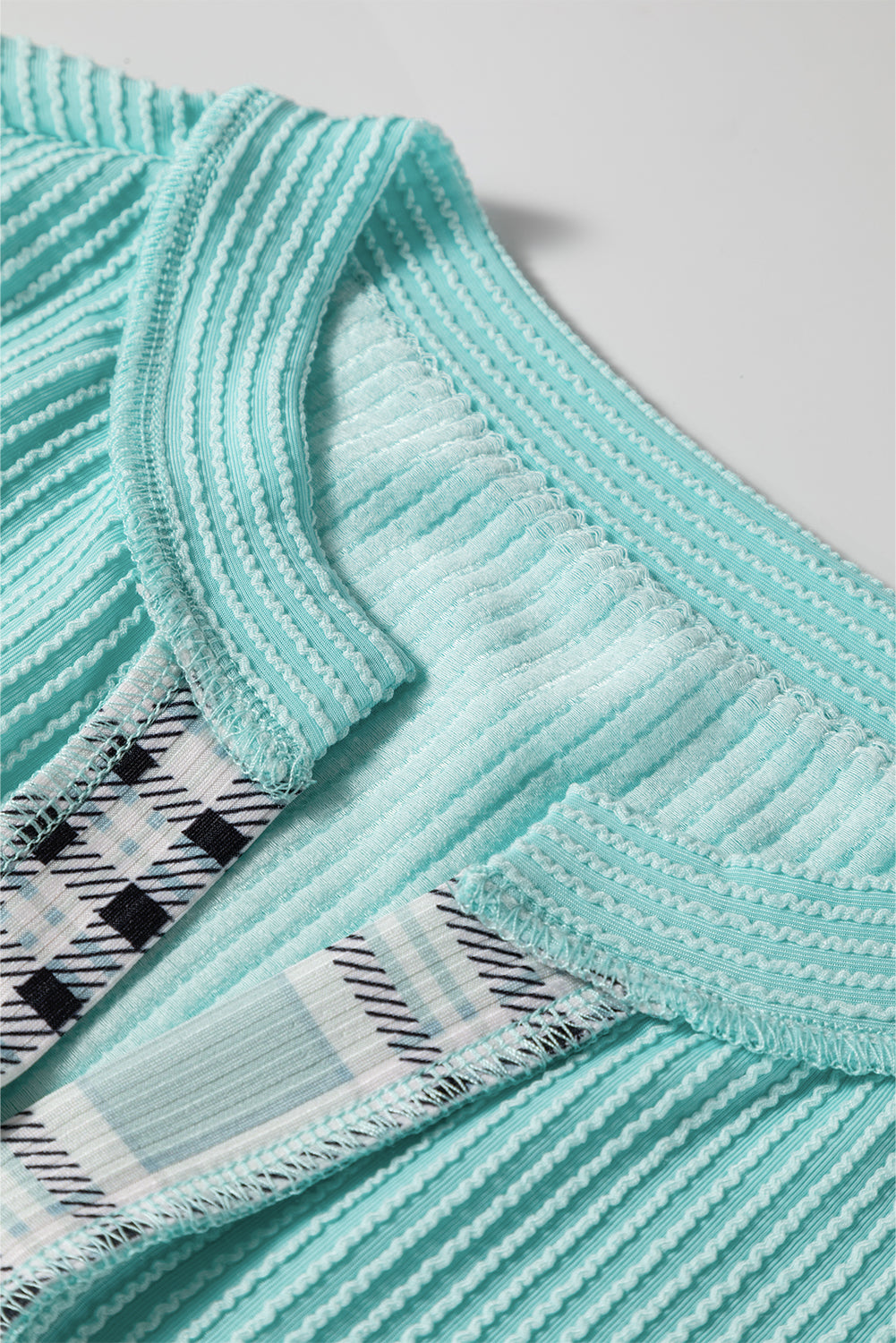 Rose Red Corded Texture Plaid Patchwork Split Neck Long Sleeve Top