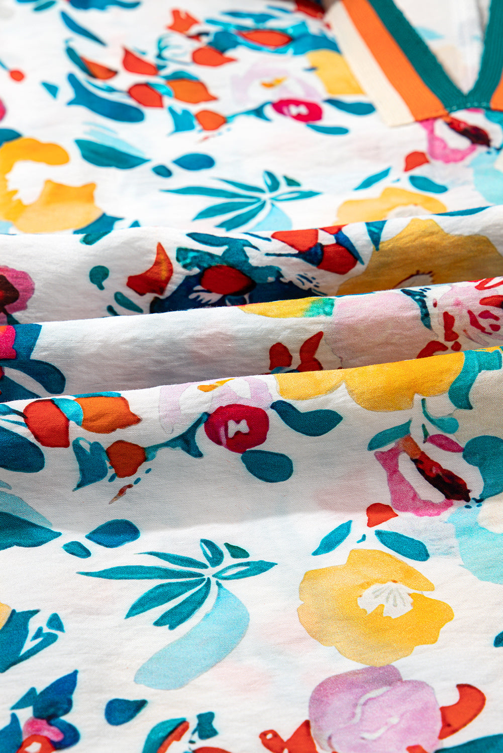 Peacock Blue Floral Print Slit V Neck Short Sleeve Blouse