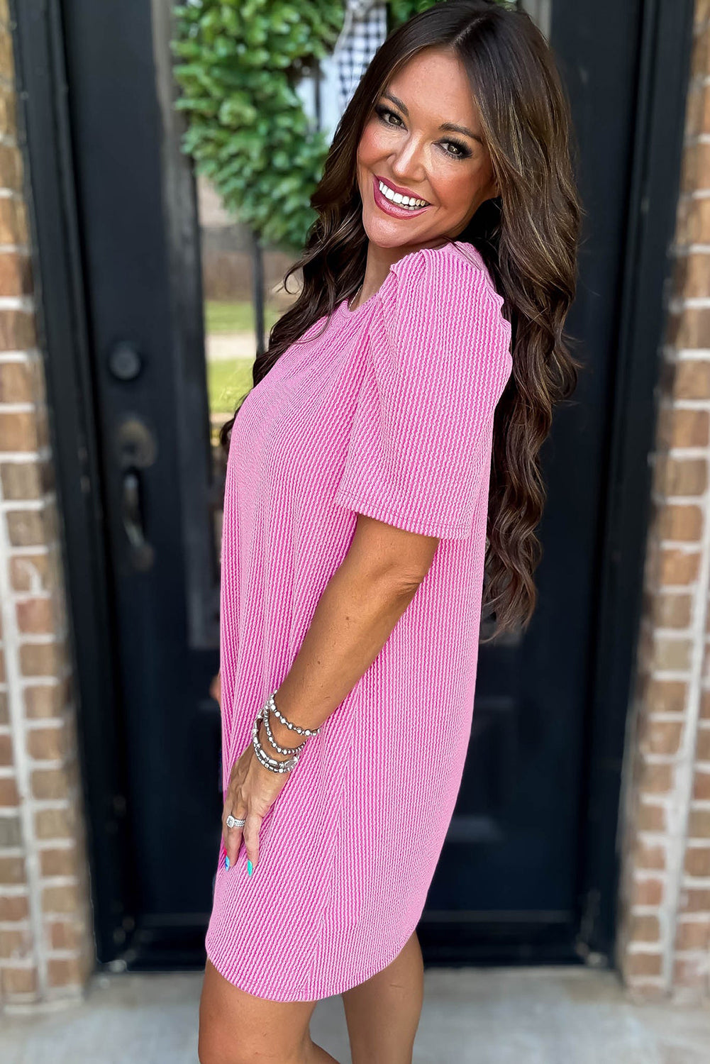 Bright Pink Corded Crew Neck Puff Sleeve Mini Dress