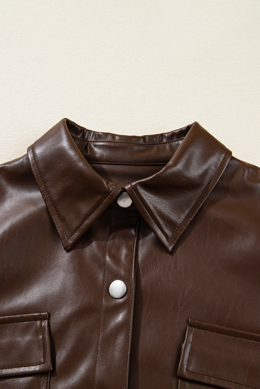 Chicory Coffee Double Flap Pocket Drawstring Hem Leather Jacket