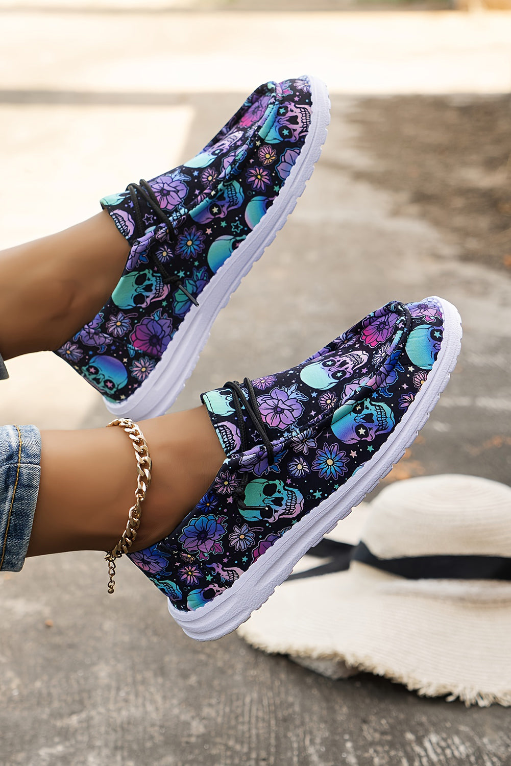Dark Blue Halloween Skull Print Lace Up Casual Shoes
