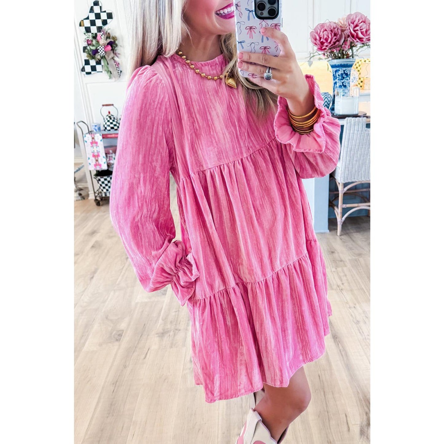 Strawberry Pink Flounce Sleeve Tiered Ruffled Velvet Mini Dress