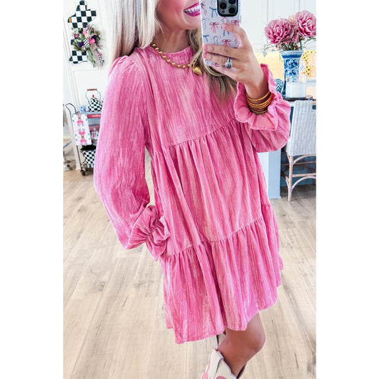 Strawberry Pink Flounce Sleeve Tiered Ruffled Velvet Mini Dress