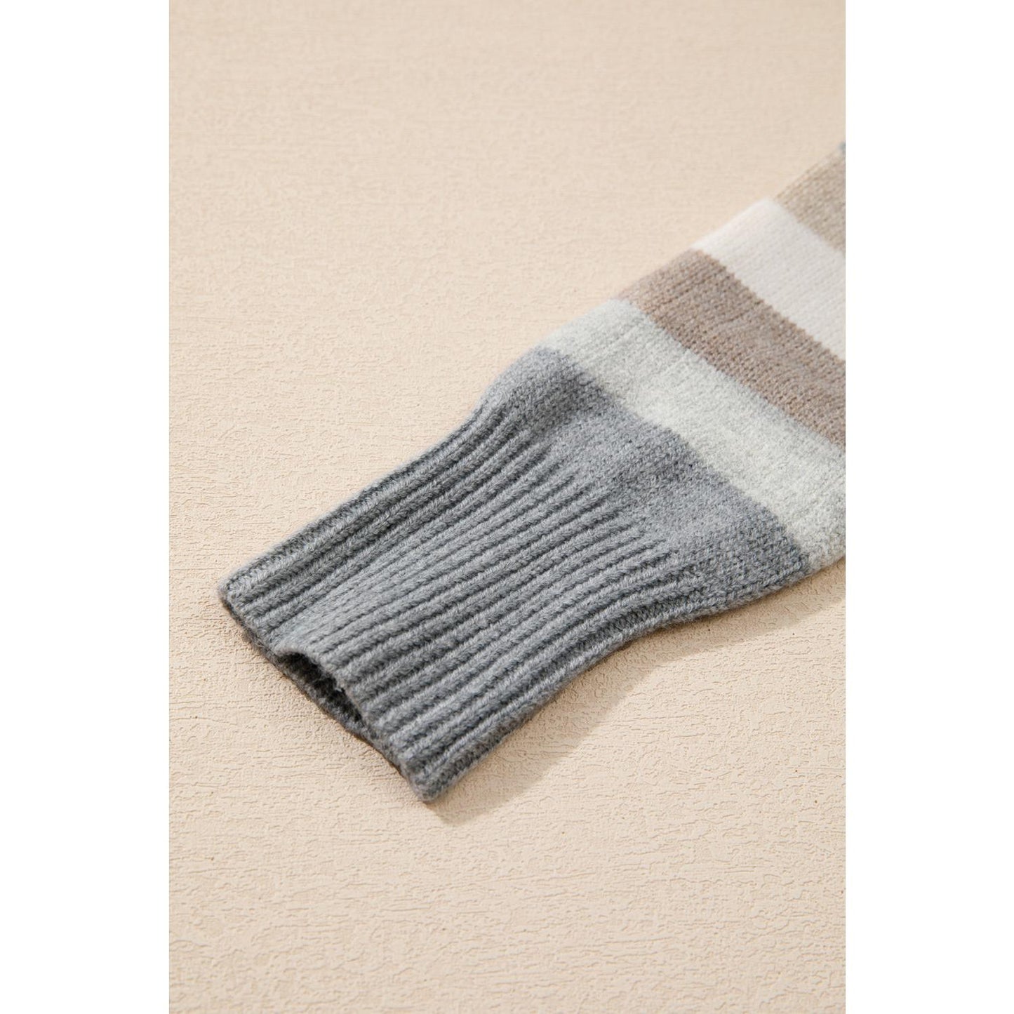 Gray Stripe Color Block Ribbed Edge Round Neck Sweater