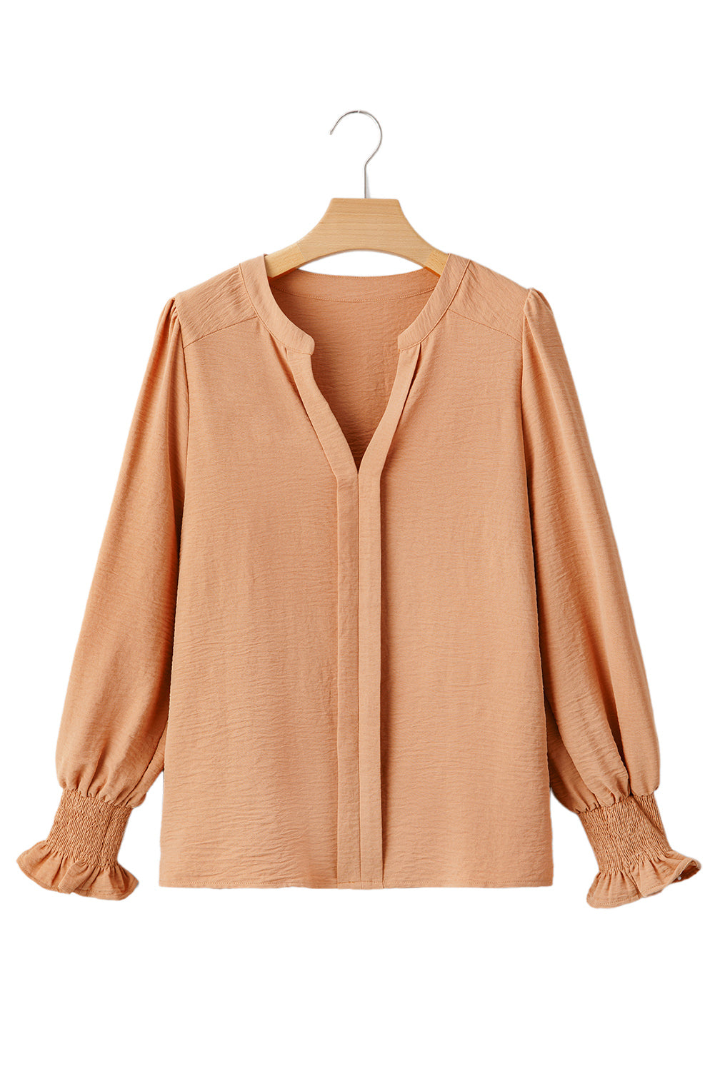 Straw Yellow Solid Shirred Cuff Notch V Neck Blouse