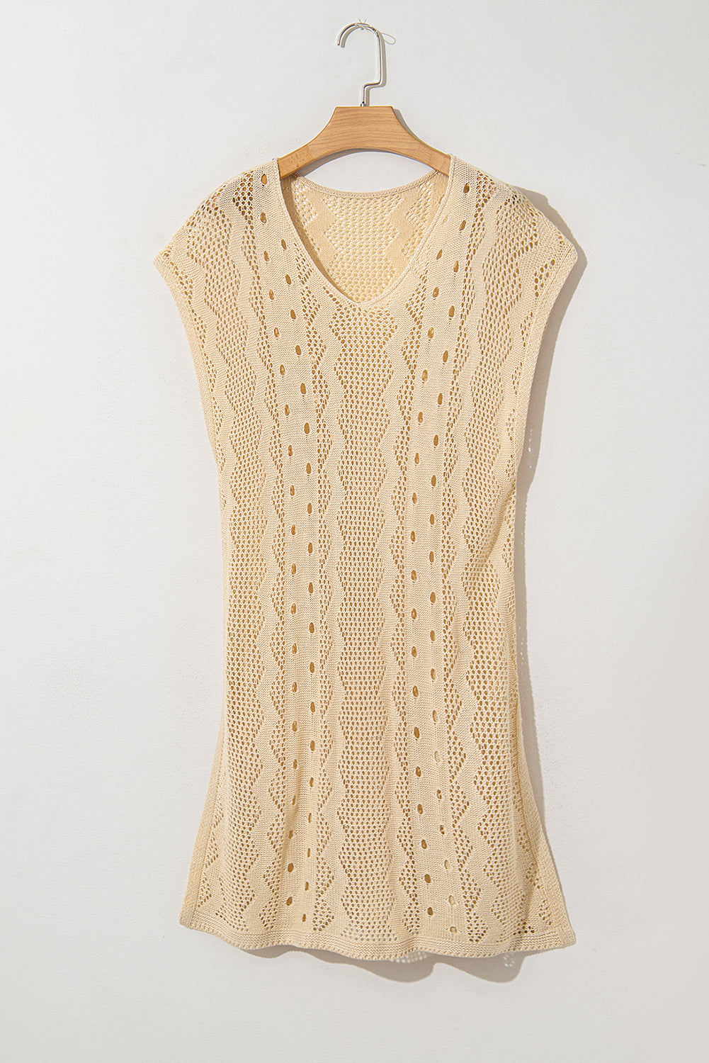 Apricot Solid Color V Neck Hollowed Knit Tunic Beach Coverup
