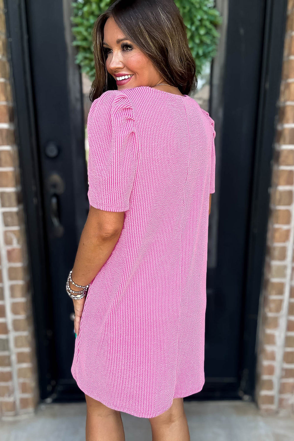 Bright Pink Corded Crew Neck Puff Sleeve Mini Dress