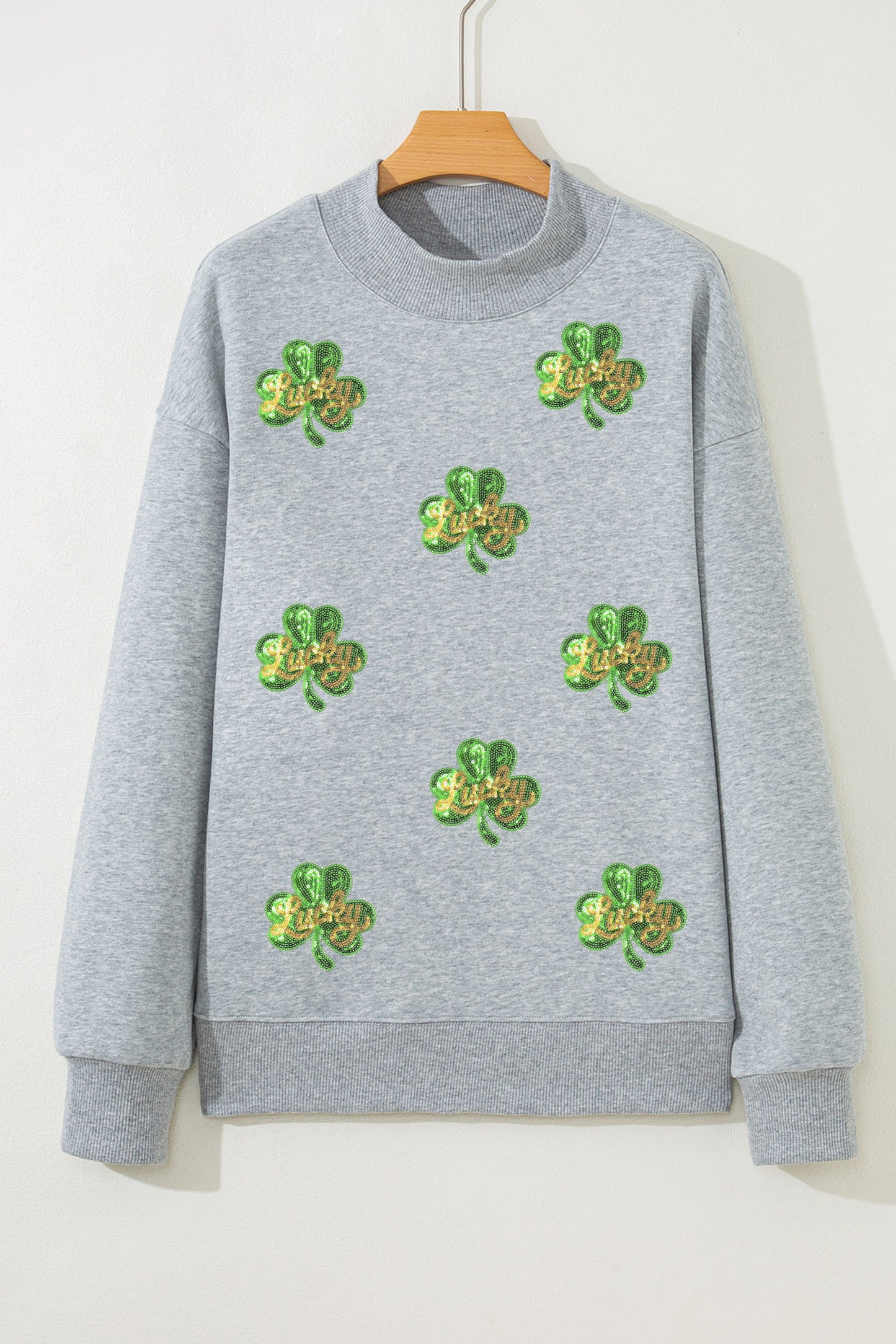 Gray Lucky Clover Sequin Graphic Mock Neck Sweatshirt