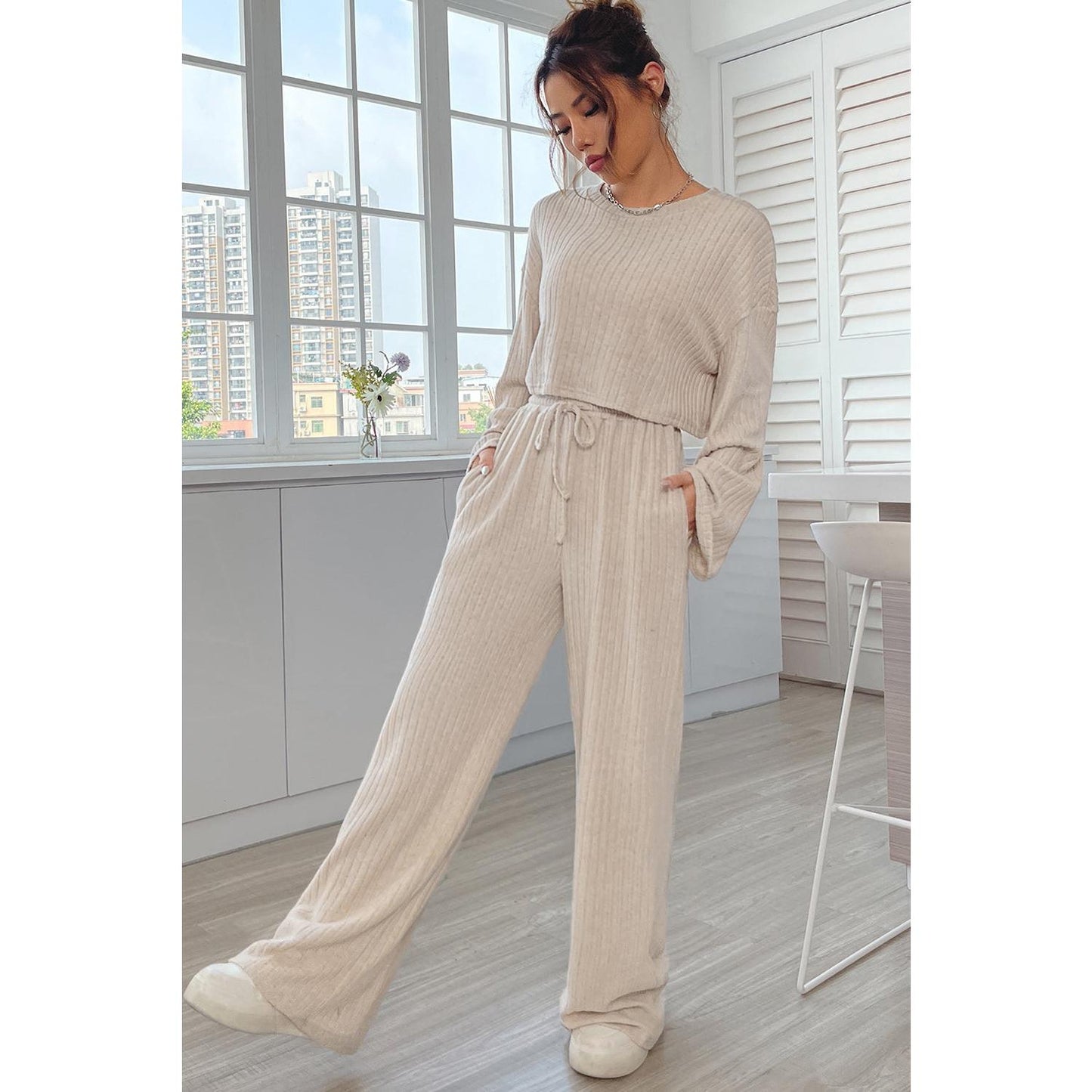 Khaki Ribbed Knit Bell Sleeve Crop Top Drawstring Pants Set