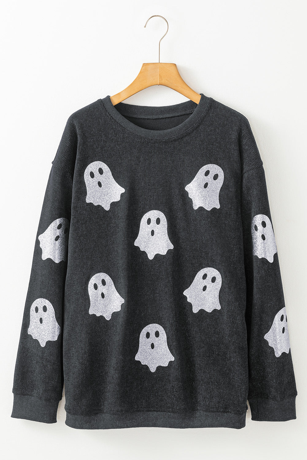 Blue Halloween Ghost Corded Crew Neck Loose Sweatshirt