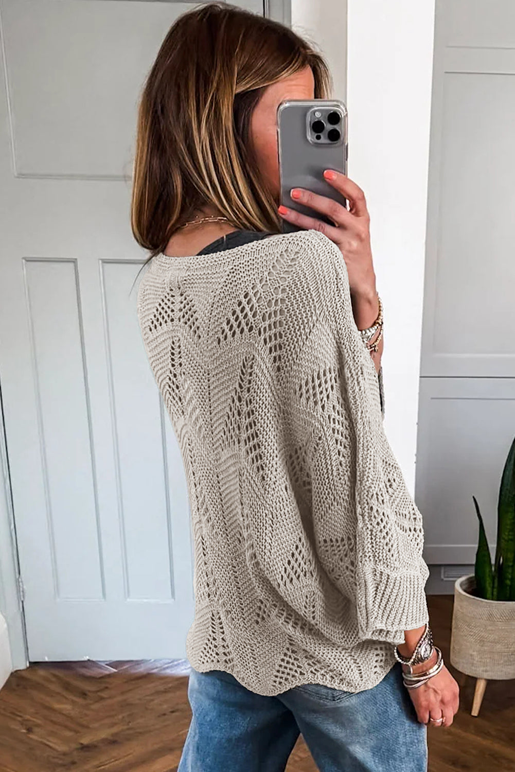 Navy Blue Hollow Out Knit 3/4 Sleeve Loose Sweater