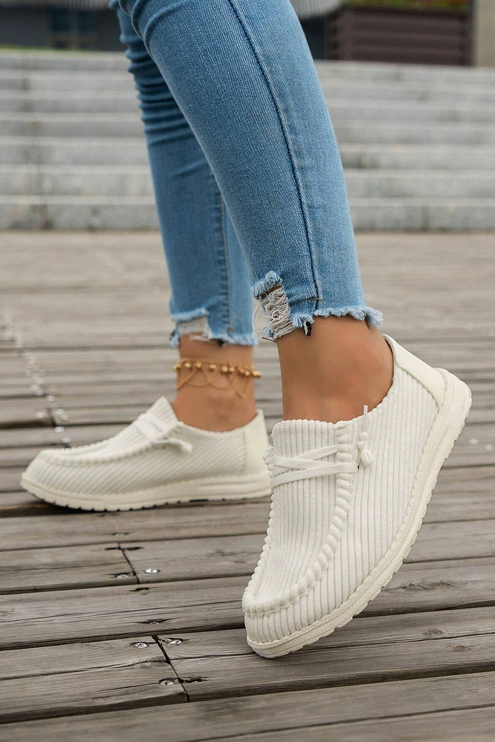 White Solid Ribbed Criss Cross Casual Shoes