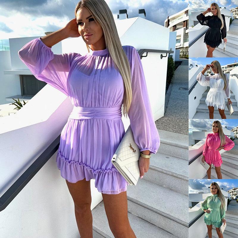 Spring And Summer New Women's Solid Color Chiffon Waist Pleating Dress