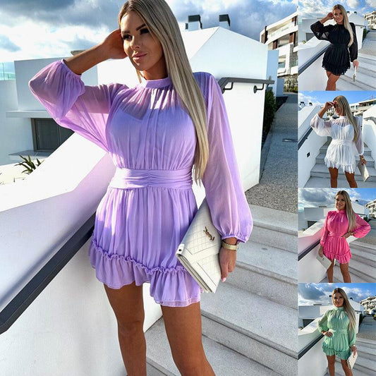 Spring And Summer New Women's Solid Color Chiffon Waist Pleating Dress
