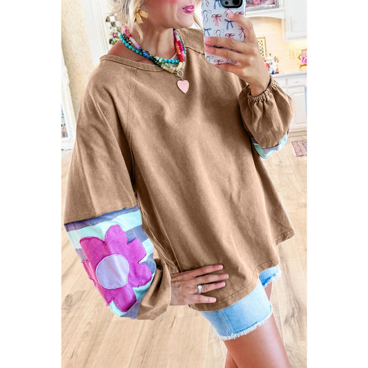 Dune Flower Patchwork Raglan Sleeve Exposed Seam Oversized Top