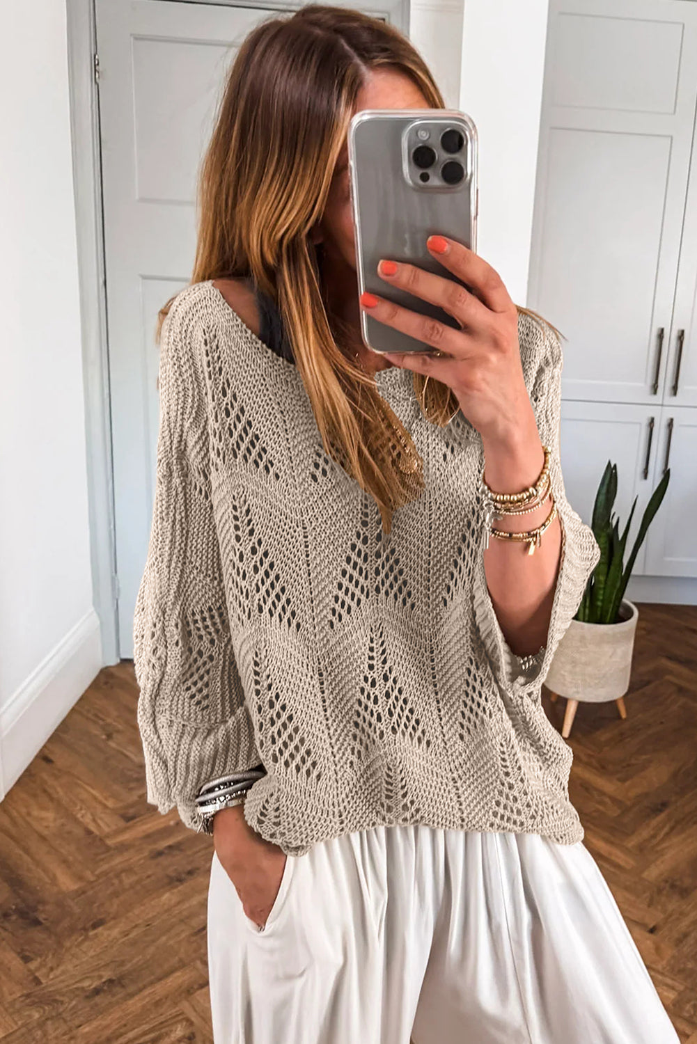Navy Blue Hollow Out Knit 3/4 Sleeve Loose Sweater