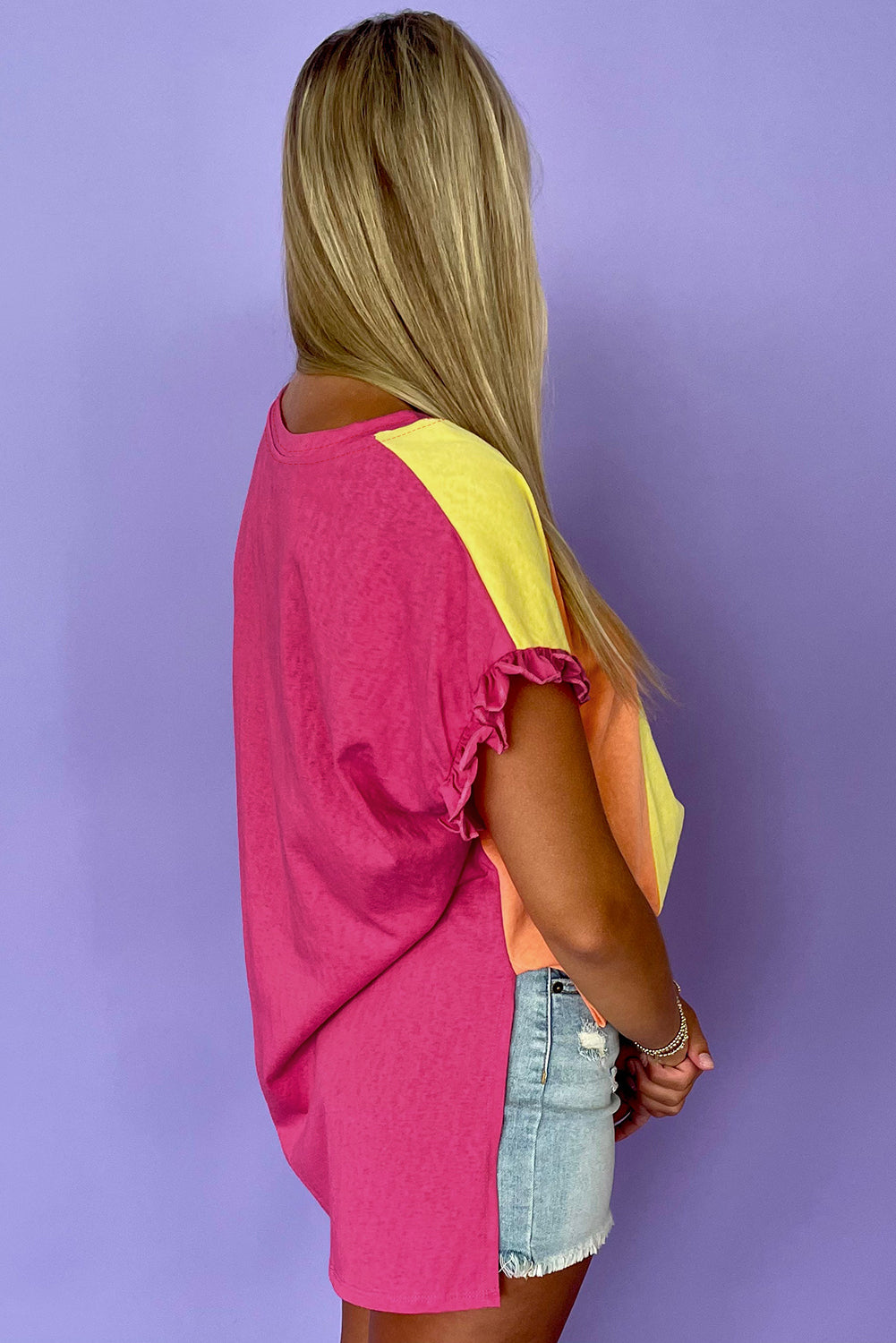 Rose Red Color Block Ruffled Crew Neck Loose Fit T Shirt
