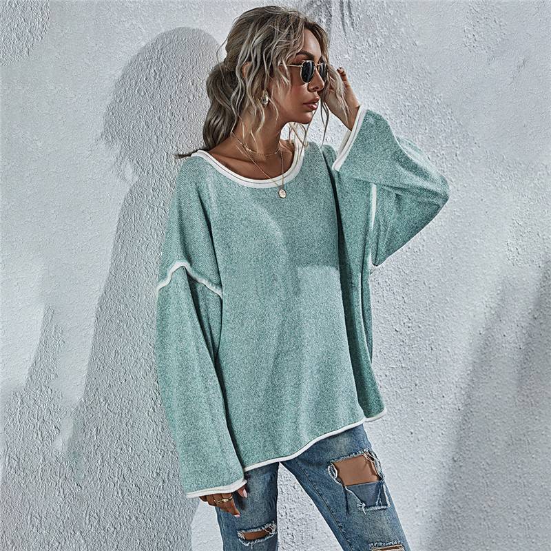 Solid Color Stitching Long-sleeved Sweater Top Casual Round Neck