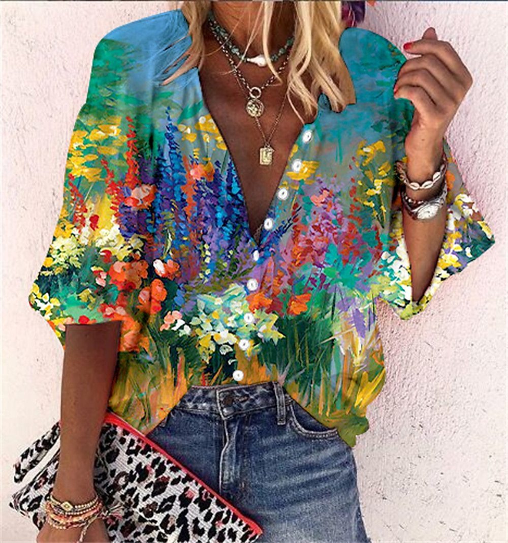 Popular Fashion Summer Women's Stand Up Collar Loose Button Retro Printed Casual Shirt