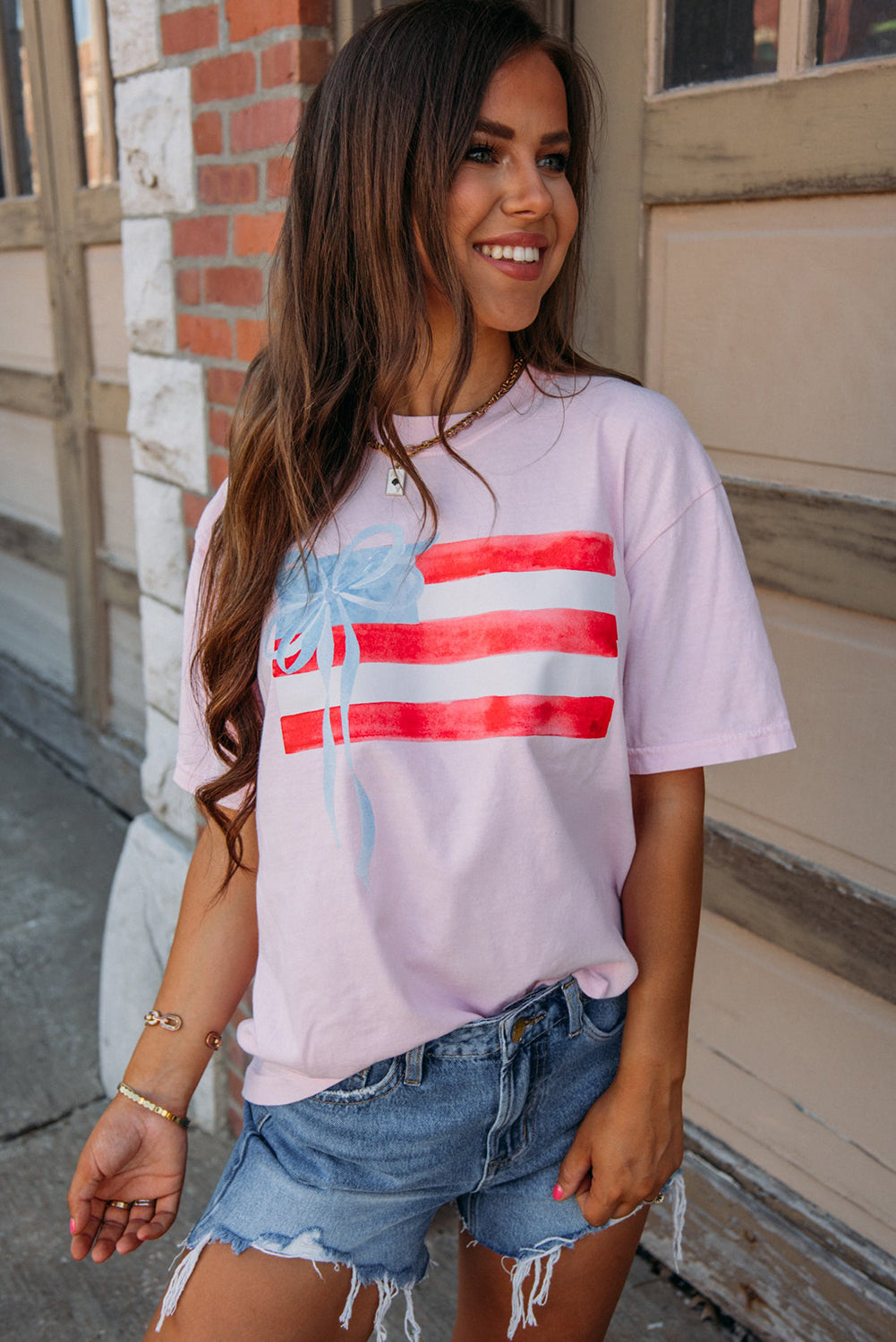 Light Pink Flag Bow Graphic Crewneck Tee