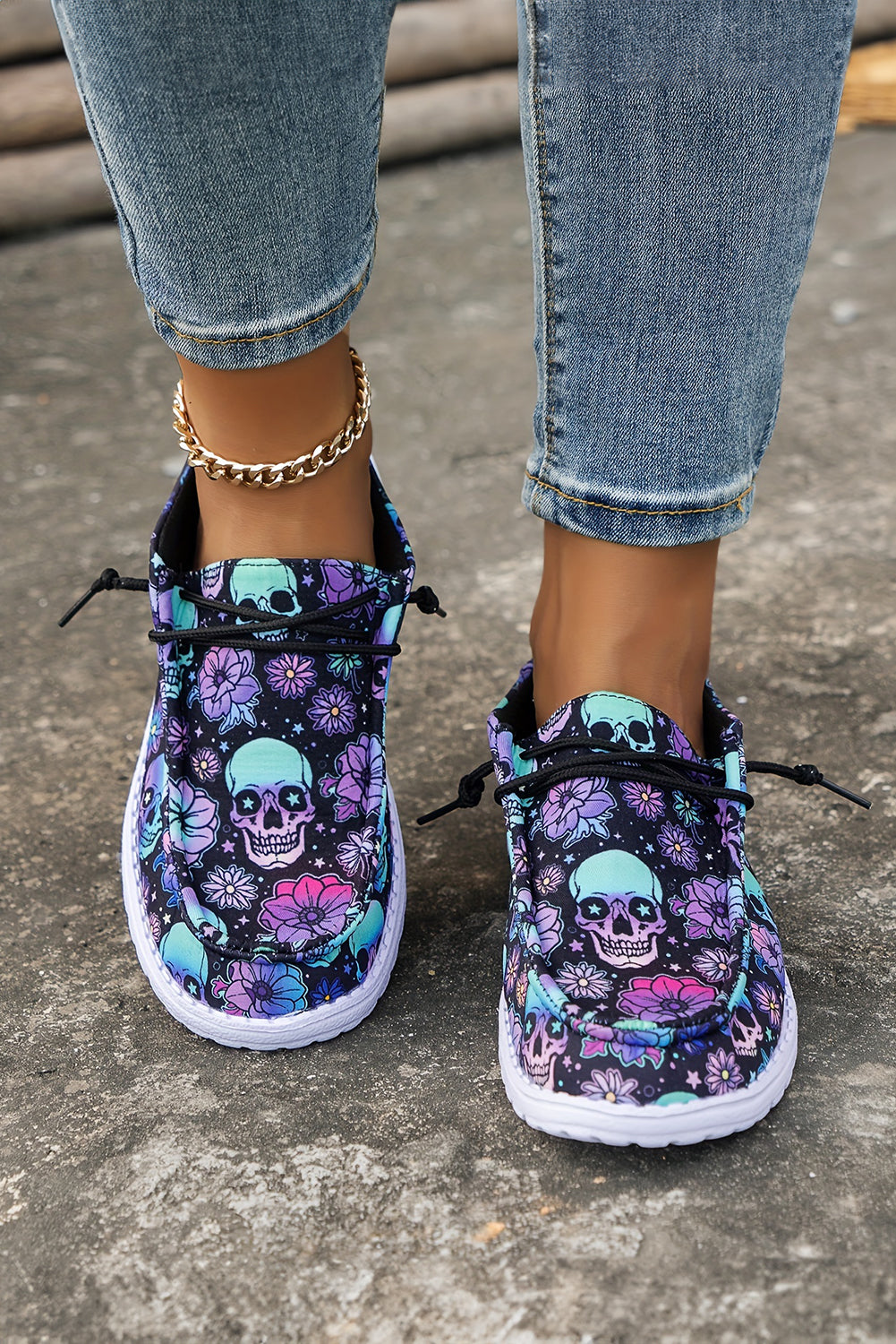 Dark Blue Halloween Skull Print Lace Up Casual Shoes