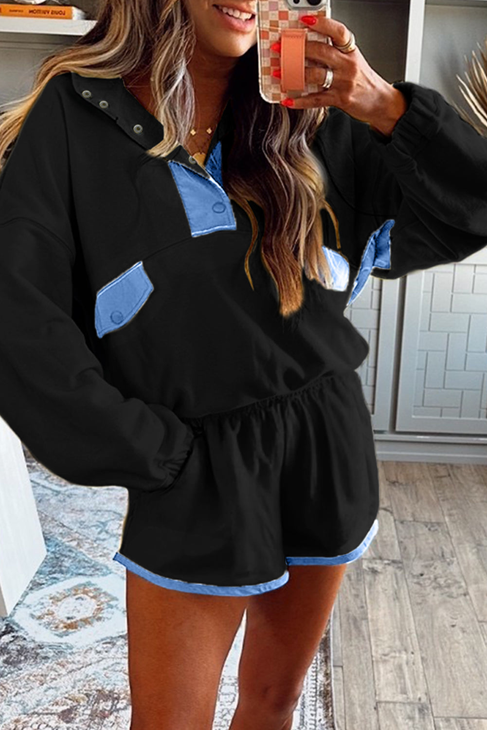Yellow Colorblock Patchwork Half Button Pullover and Shorts Outfit