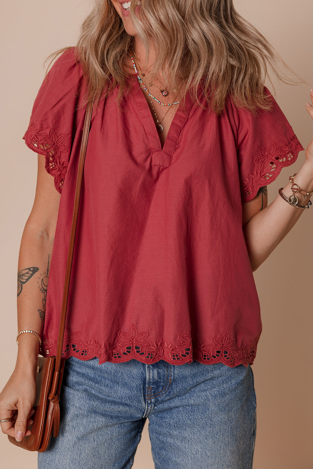 Red Dahlia Floral Embroidered Scallop Trim Short Sleeve V Neck Blouse